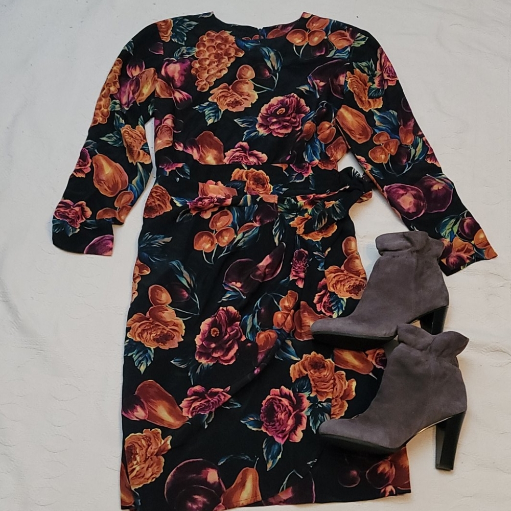 Vintage Liz Claiborne wrap skirt dress black floral sz 12